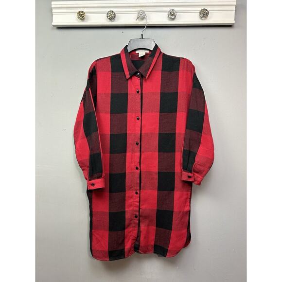 Passport Buffalo Plaid‎ Tunic Dress Womens Small Red Black Pockets Button front - Picture 1 of 8